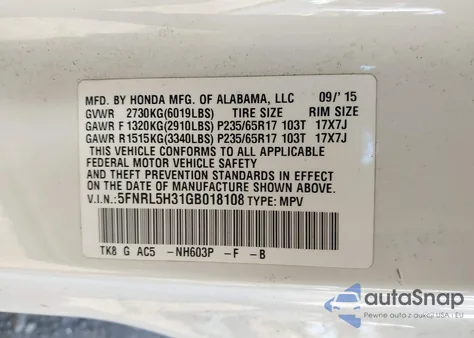 2016 Honda Odyssey Se z USA, uszkodzony, nr VIN 5FNRL5H31GB018108